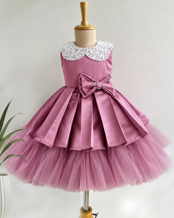 Blush Pink Satin Frock with Peter Collar &amp; White Beads – Stanwells Kids
