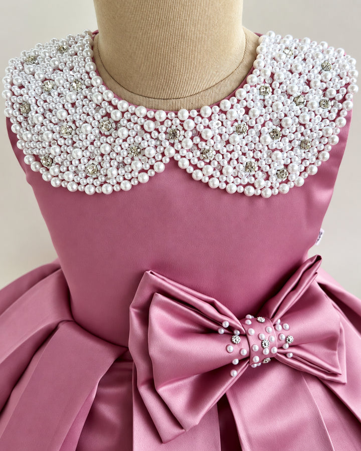 Blush Pink Two-Layer Satin Frock – Side View – Stanwells Kids