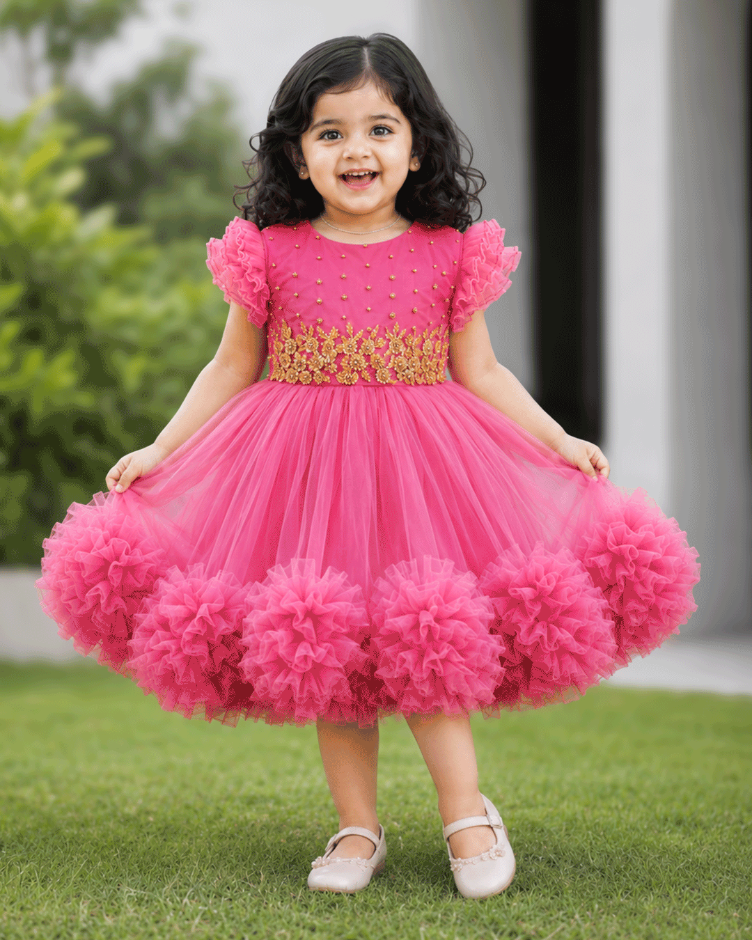 Blush pink heavy handwork birthday special partywear frock for baby girl – front view, Stanwells Kids