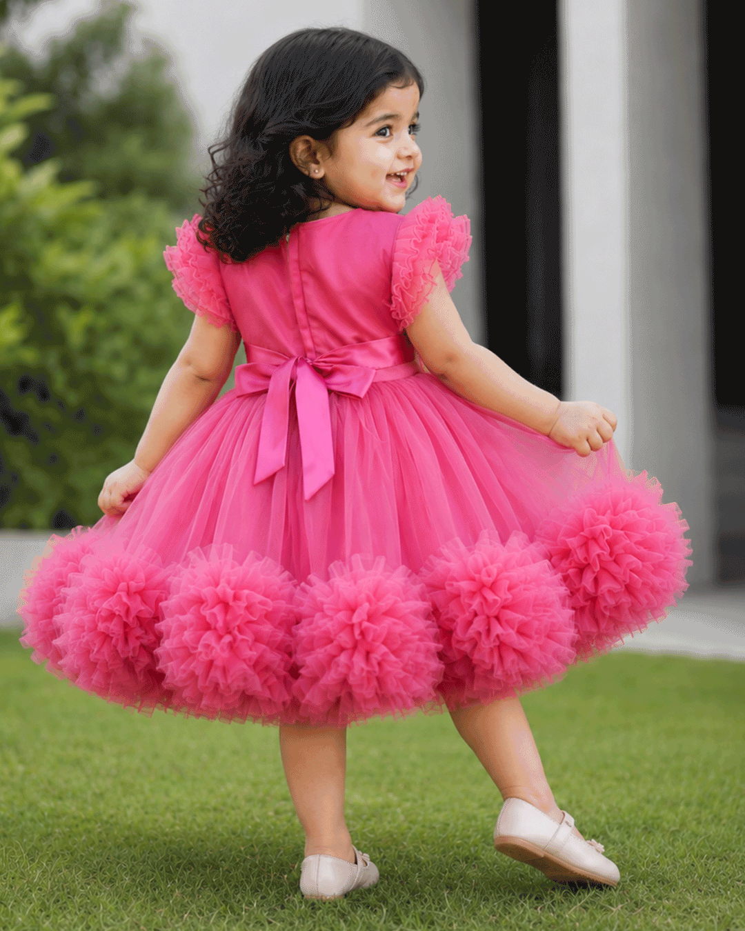 Blush pink heavy handwork birthday special partywear frock for baby girl – front view, Stanwells Kids