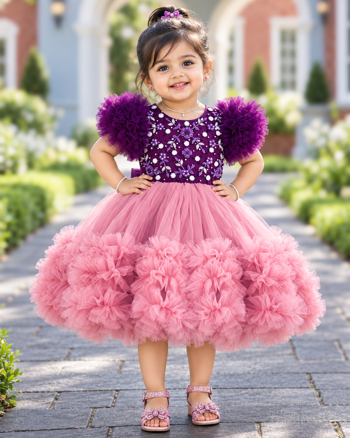 Blush Pink Purple Heavy Yoke Handwork Party Frock – Stanwells Kids