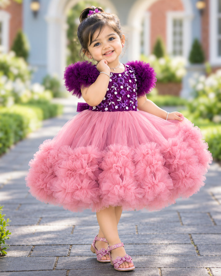 Blush Pink &amp; Purple Heavy Handwork Birthday Frock for Baby Girl – Stanwells Kids