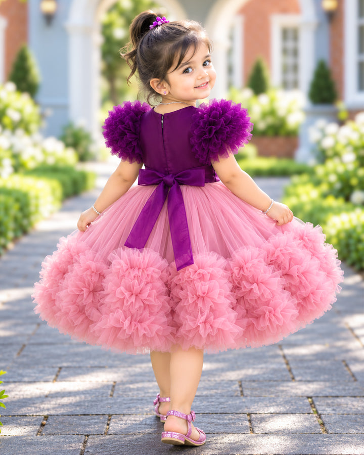 Blush Pink Birthday Frock with Purple Ruffle Layers – Stanwells Kids