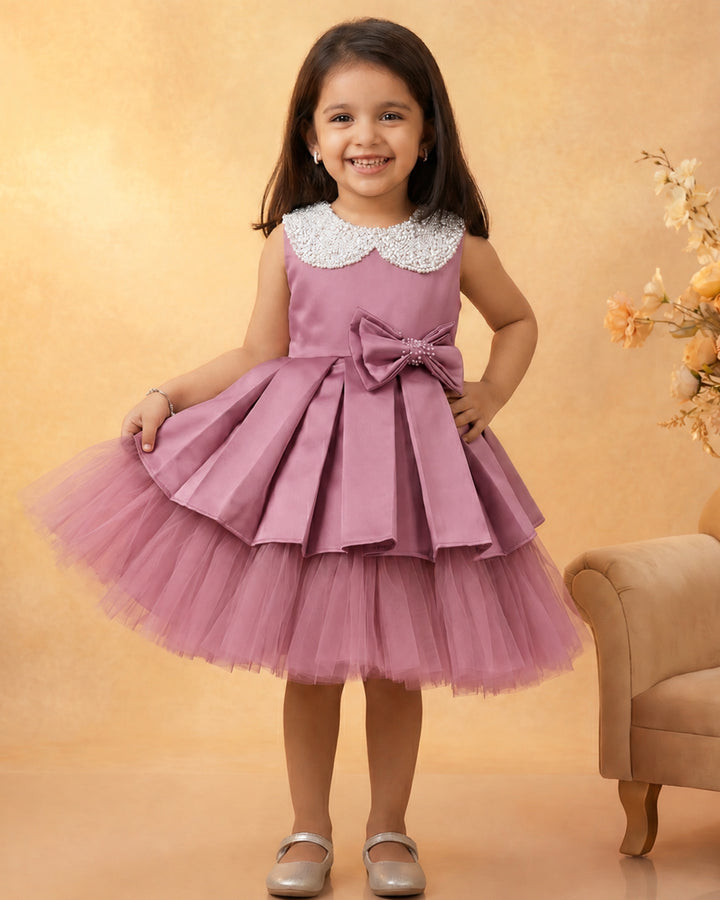 Blush Pink Silky Satin Handwork Bow Frock – Front View – Stanwells Kids