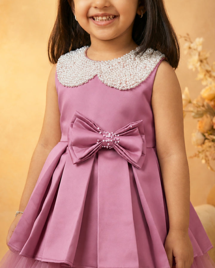 Heavy Handwork Peter Collar Detail – Blush Pink Bow Frock – Stanwells Kids