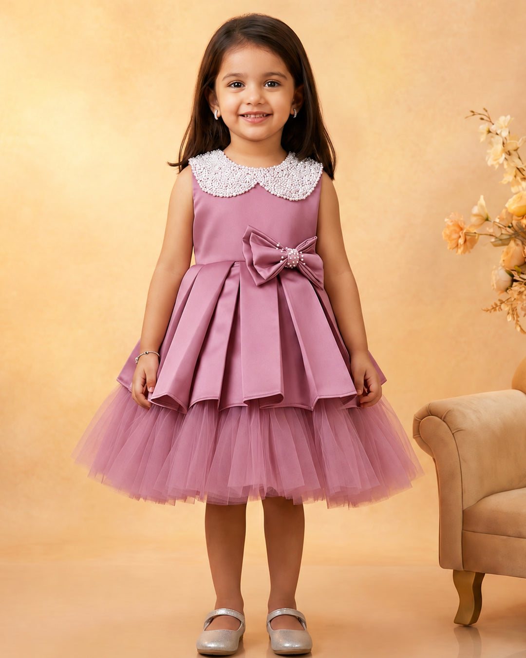 Box Pleat Skirt with Centre Bow Belt – Blush Pink Frock – Stanwells Kids
