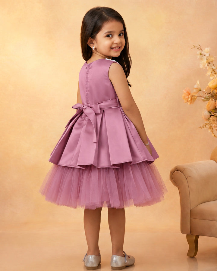 Centre Bow Belt Detail – Blush Pink Handwork Frock – Stanwells Kids