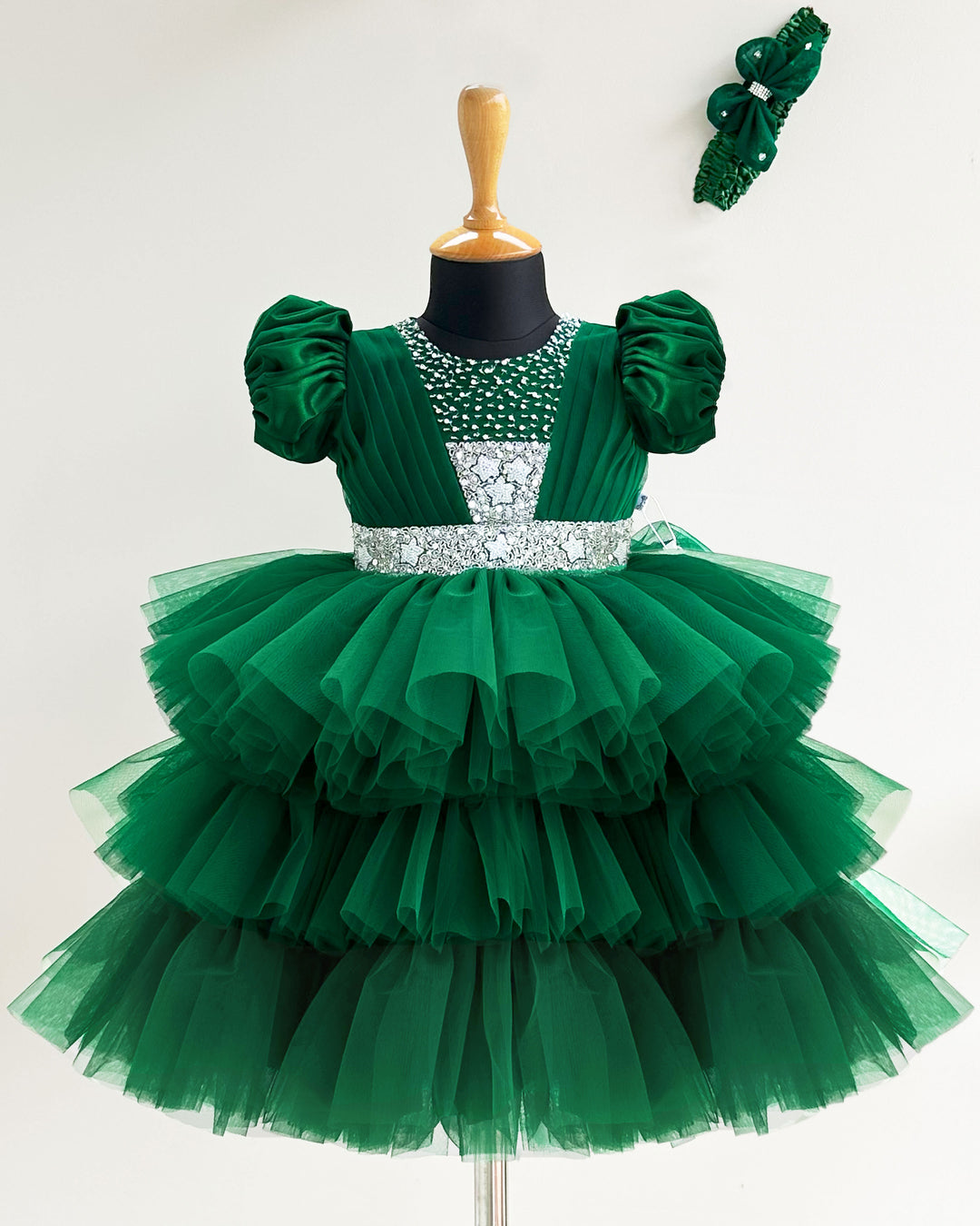 Bottle green hand embroidery birthday dress for baby girls, elegant party dress, baby girls' birthday outfit, special occasion dress, comfortable kidswear.