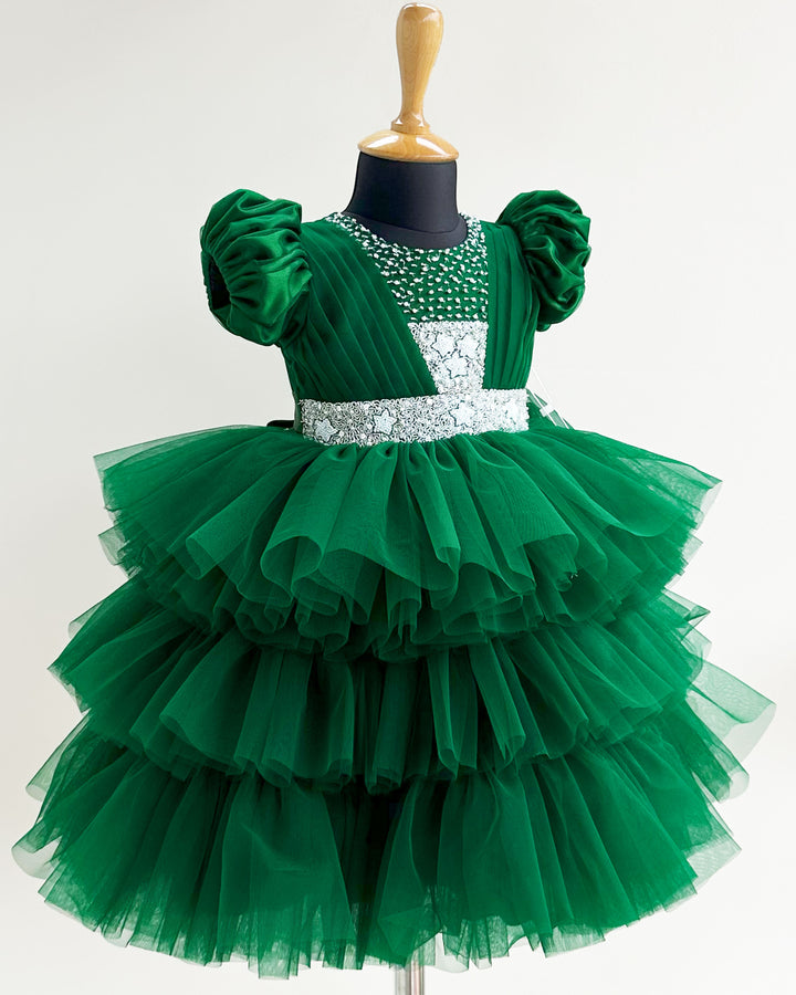 Bottle green hand embroidery birthday dress for baby girls, elegant party dress, baby girls' birthday outfit, special occasion dress, comfortable kidswear.