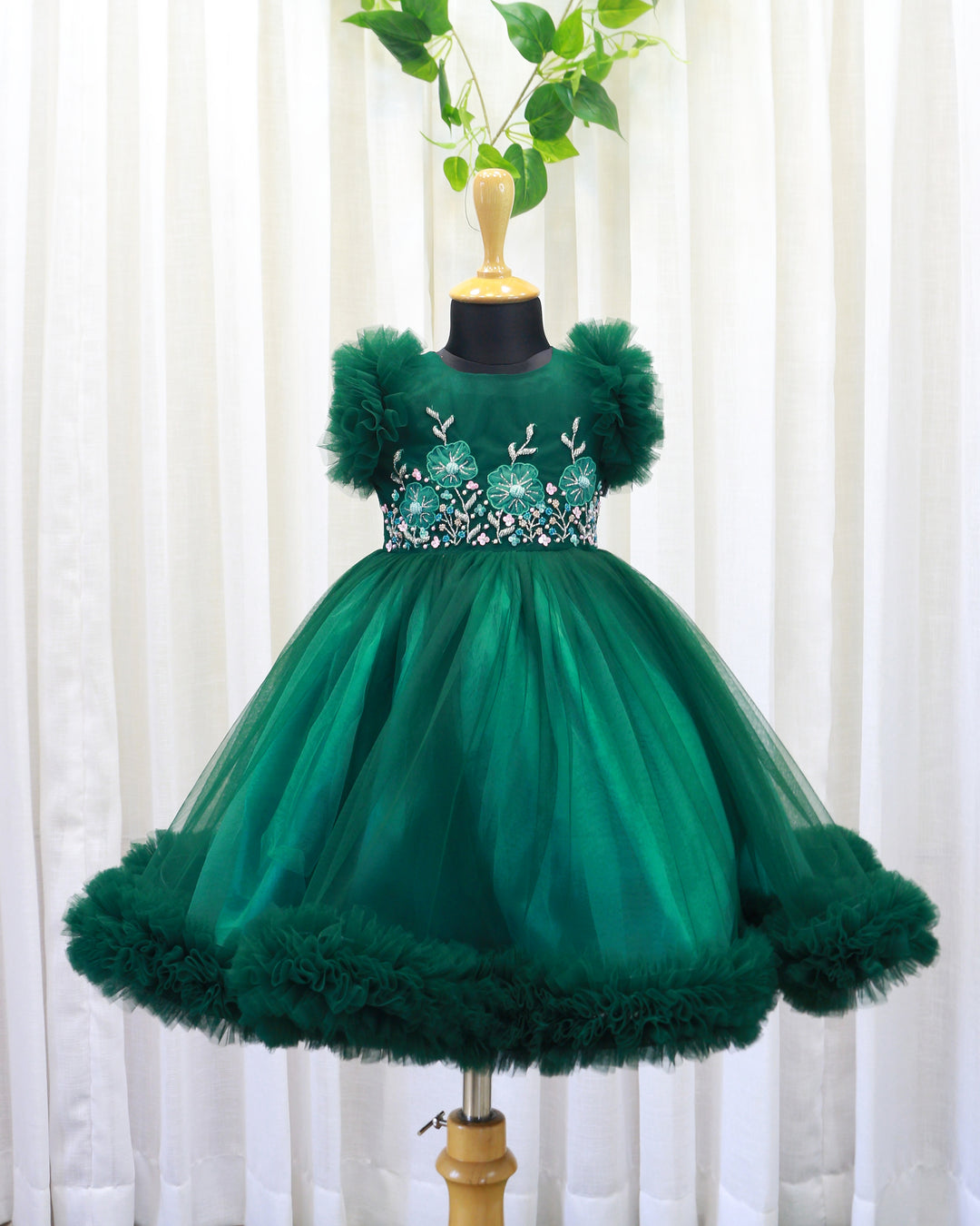 Bottle Green Handcrafted Gown – Heavy Work Partywear Birthday Dress for Baby Girls by Stanwells Kids