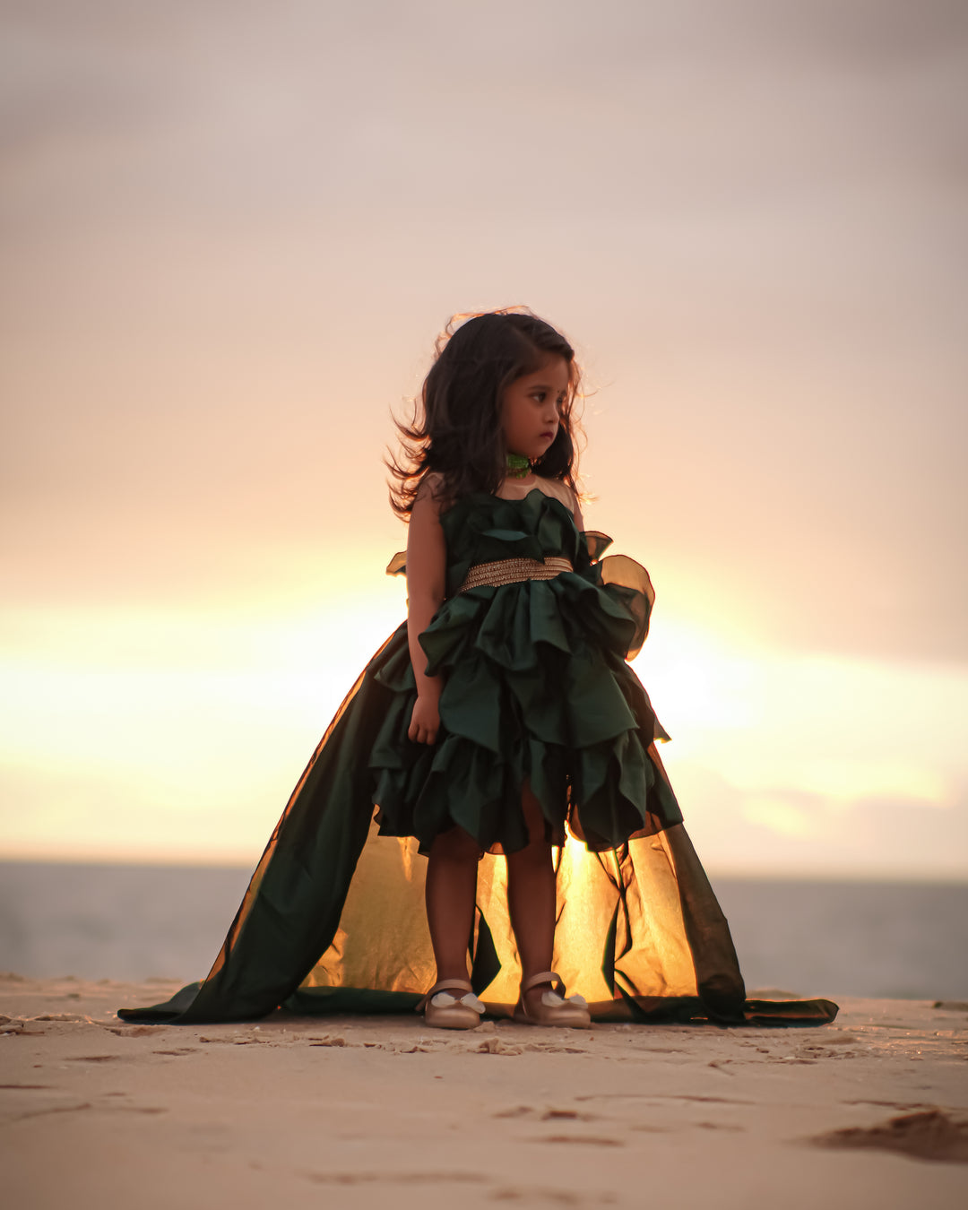 Bottle green silk extended tail baby girls birthday dress, designer partywear frock for kids, premium handwork dress, Stanwells Kids