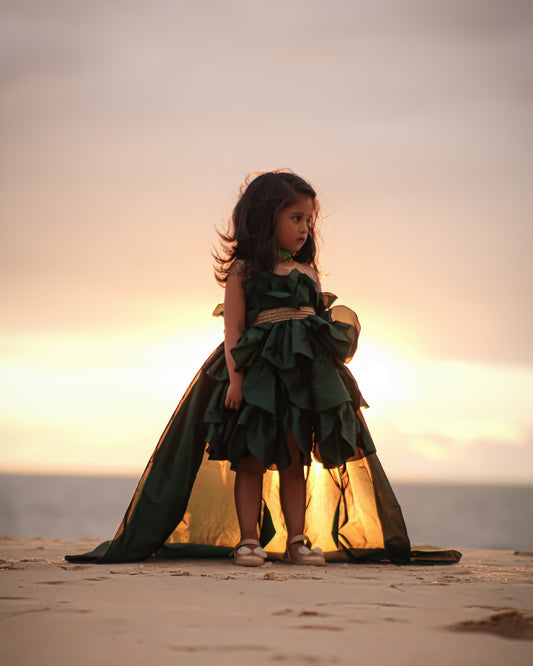 Bottle green silk extended tail frock front view – Stanwells Kids