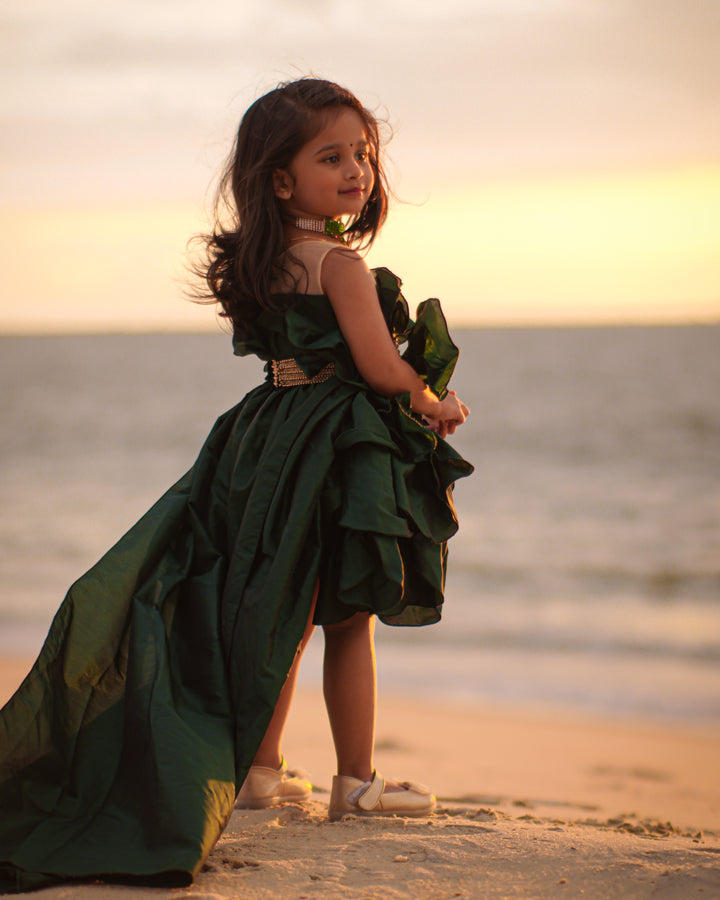 Bottle green silk extended tail baby girls birthday dress, designer partywear frock for kids, premium handwork dress, Stanwells Kids