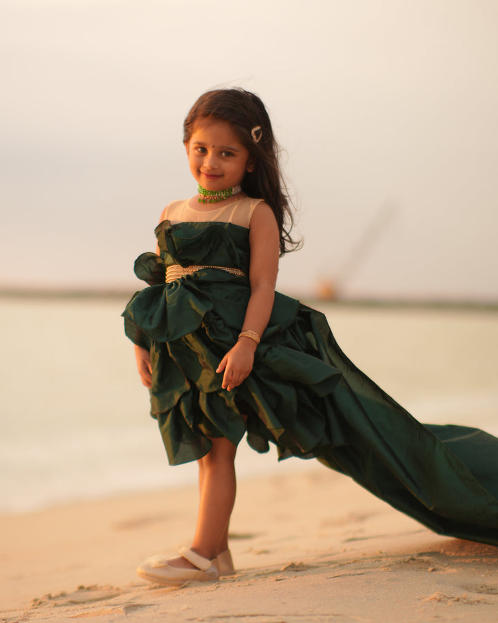 Bottle green silk extended tail baby girls birthday dress, designer partywear frock for kids, premium handwork dress, Stanwells Kids