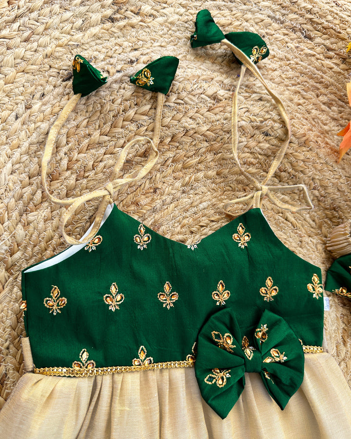 Baby girls birthday dress – bottle green cotton Kettuduppu frock with copper gold detailing