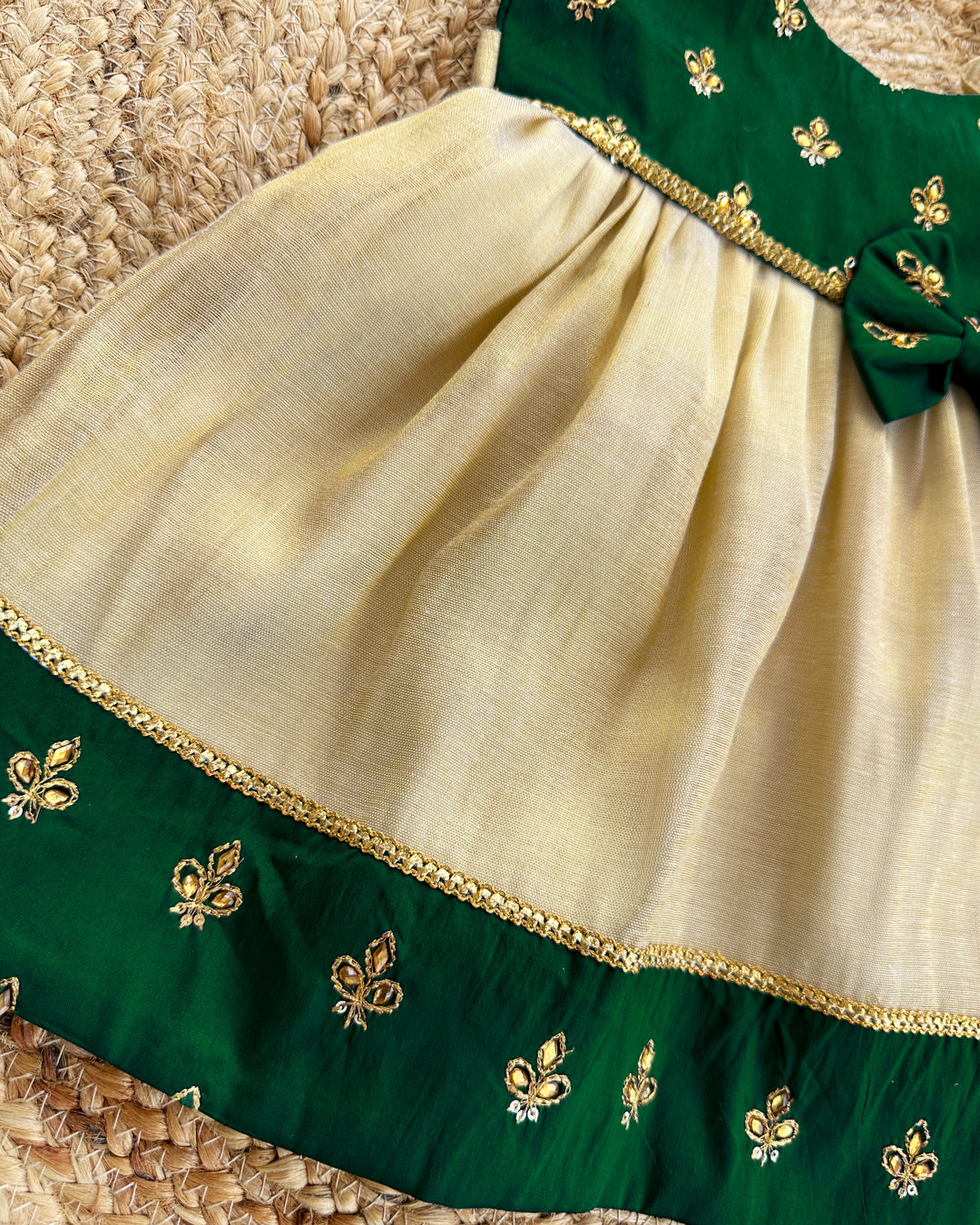 Baby girls birthday dress – bottle green cotton Kettuduppu frock with copper gold detailing