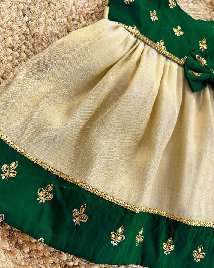 Baby girls birthday dress – bottle green cotton Kettuduppu frock with copper gold detailing