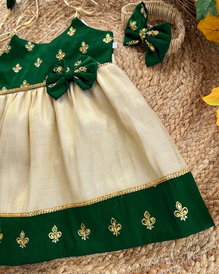 Baby girls birthday dress – bottle green cotton Kettuduppu frock with copper gold detailing