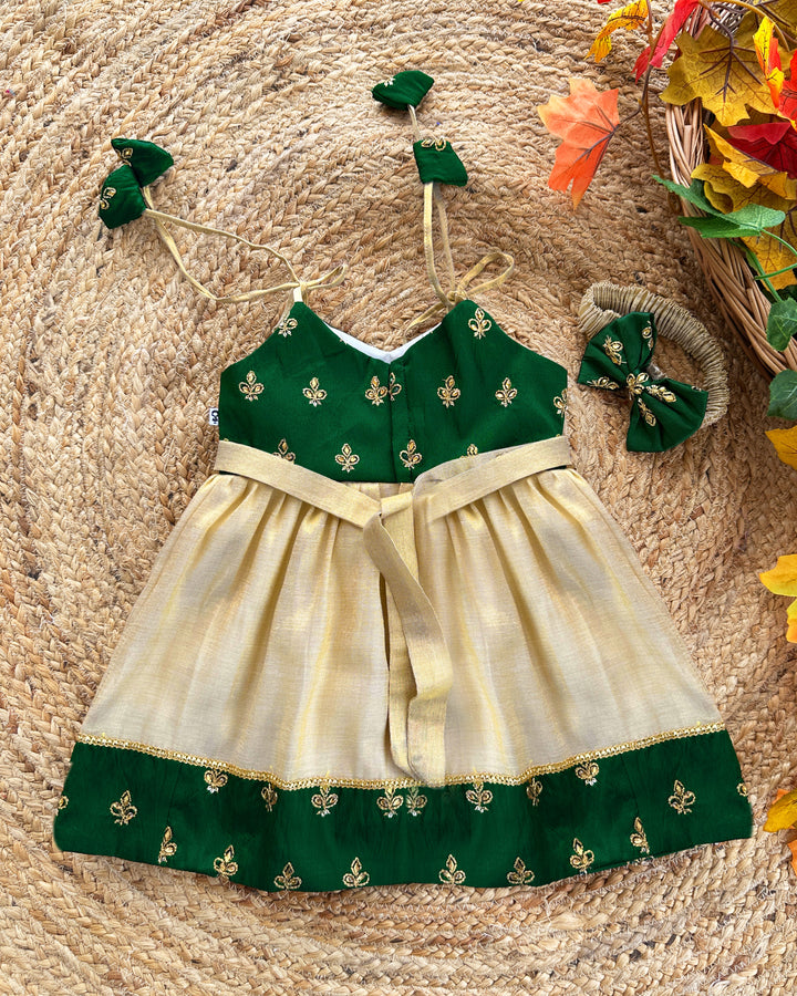 Baby girls birthday dress – bottle green cotton Kettuduppu frock with copper gold detailing