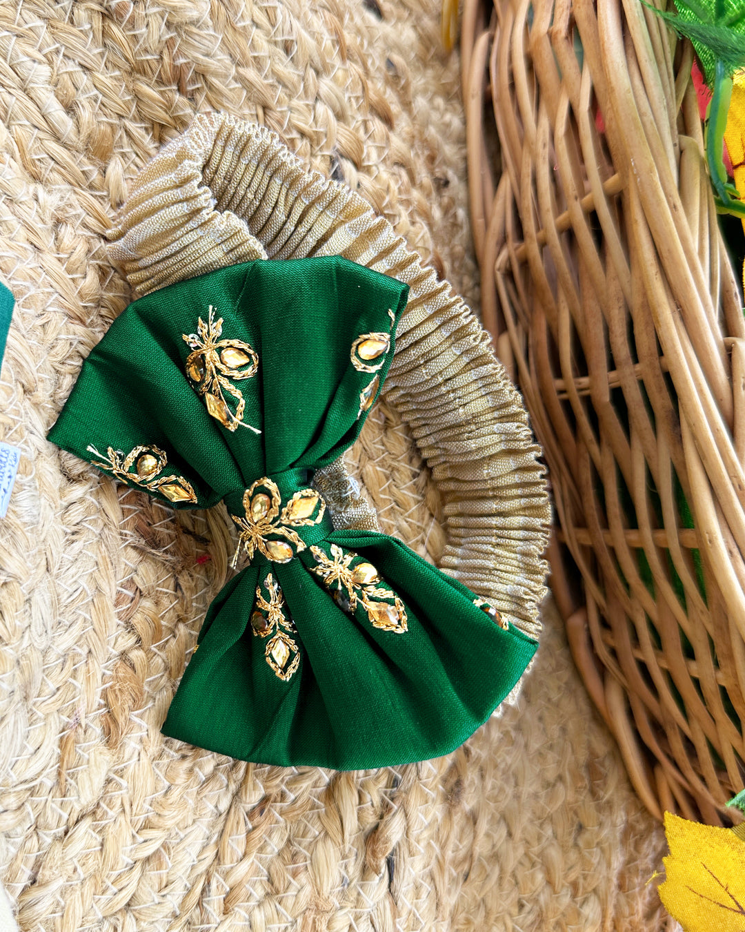 Baby girls birthday dress – bottle green cotton Kettuduppu frock with copper gold detailing