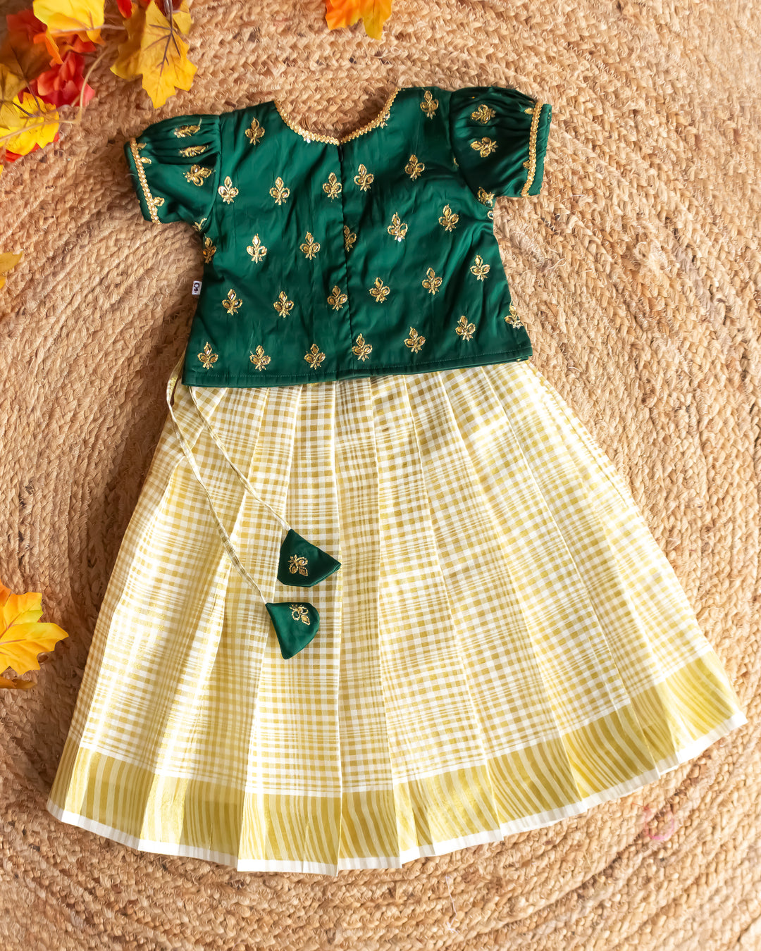 bottle green cream kasavu lehenga for baby girls, Kerala festive kids dress, baby girl birthday lehenga, traditional outfit for toddlers, kasavu partywear dress