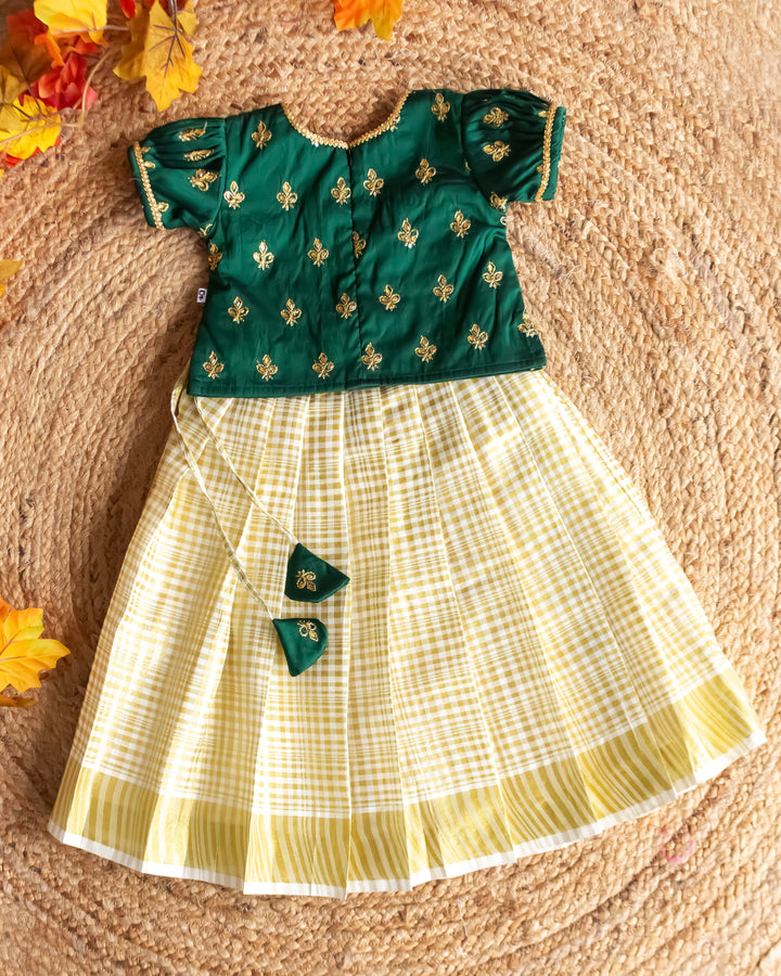 bottle green cream kasavu lehenga for baby girls, Kerala festive kids dress, baby girl birthday lehenga, traditional outfit for toddlers, kasavu partywear dress