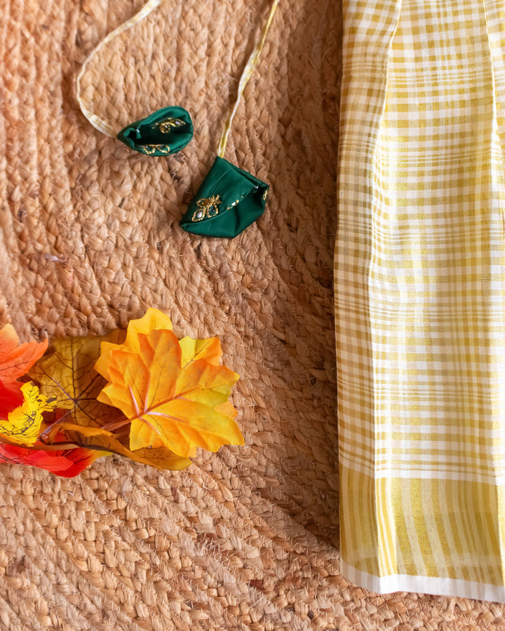 bottle green cream kasavu lehenga for baby girls, Kerala festive kids dress, baby girl birthday lehenga, traditional outfit for toddlers, kasavu partywear dress