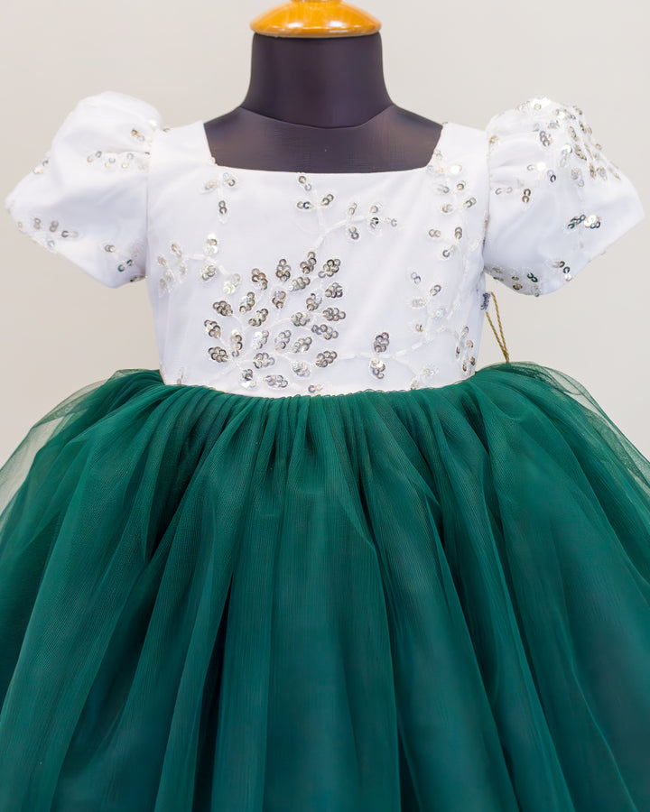 bottle green and white Christmas frock for baby girls, festive birthday dress, designer kids partywear dress, toddler Christmas outfit, Stanwells Kids