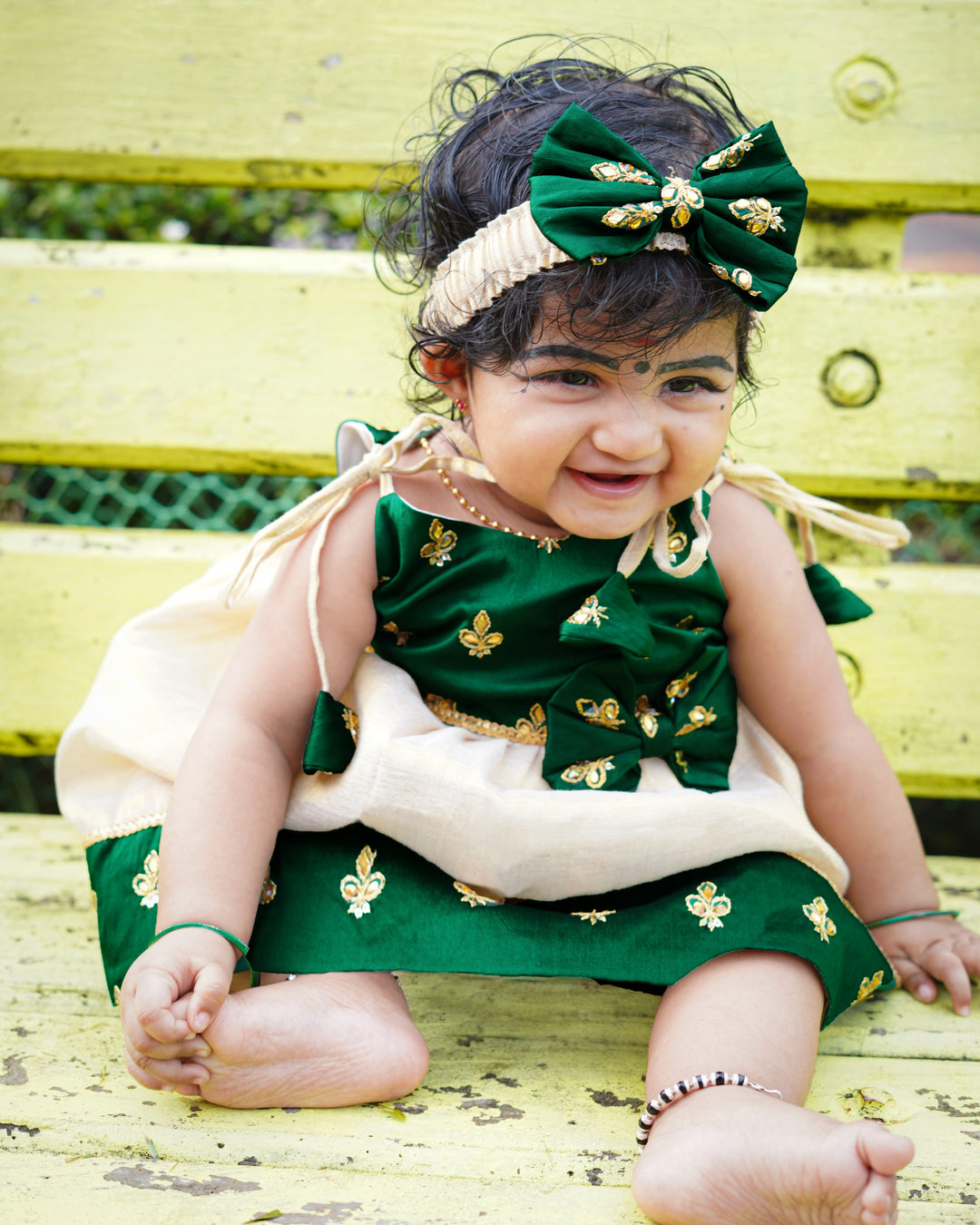 Baby girls birthday dress – bottle green cotton Kettuduppu frock with copper gold detailing
