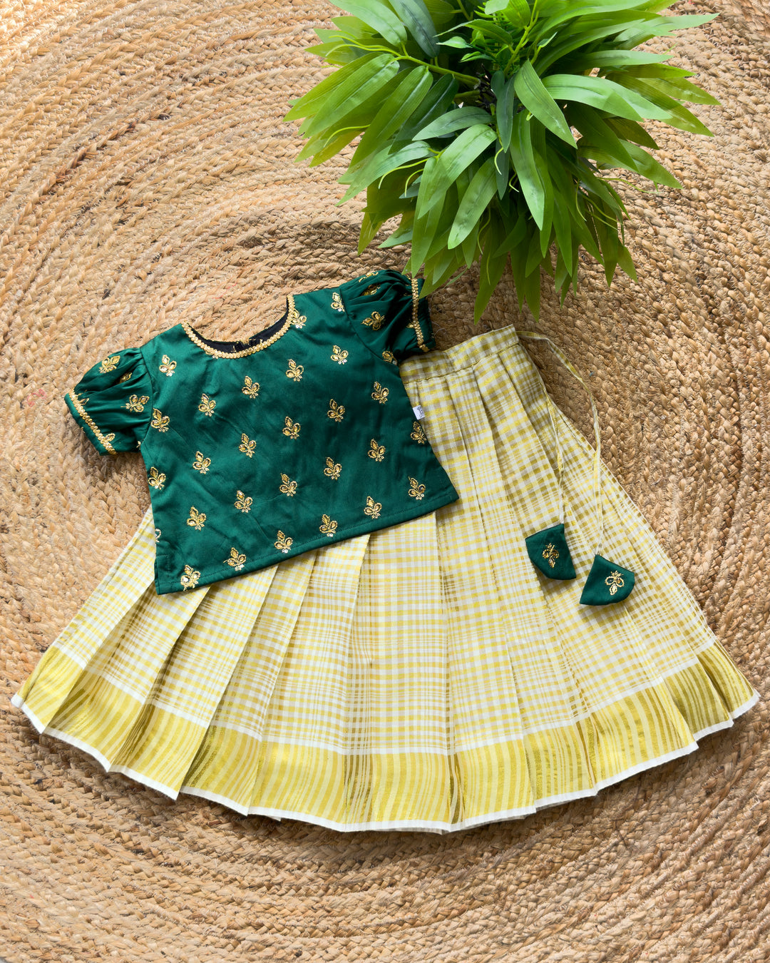 Bottle green kasavu lehenga choli golden embroidery blouse detail – Stanwells Kids