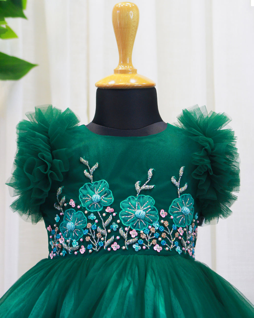 Bottle Green Handcrafted Gown – Heavy Work Partywear Birthday Dress for Baby Girls by Stanwells Kids