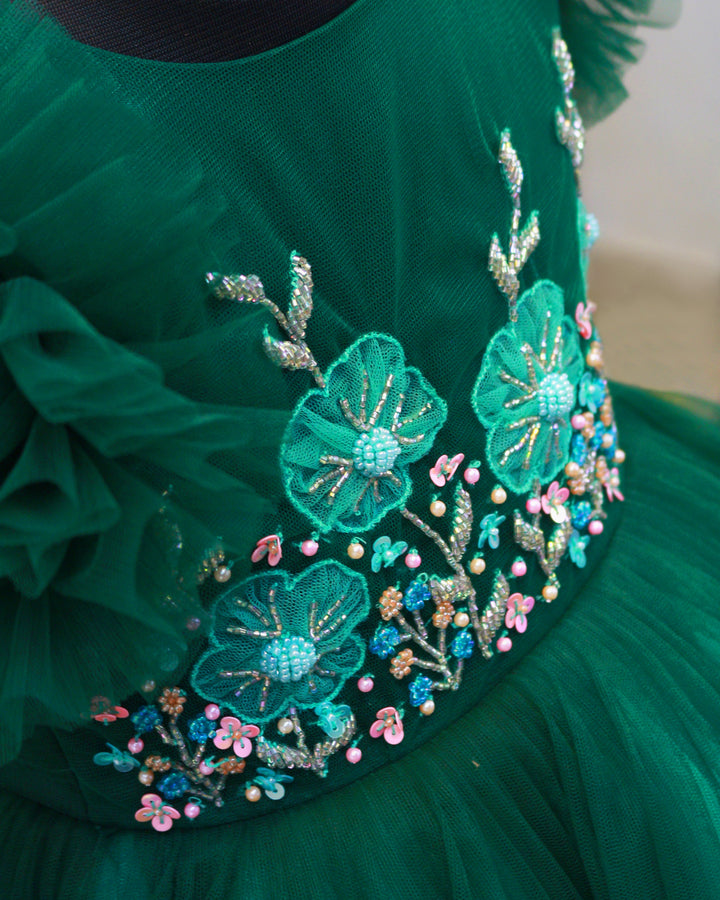 Bottle Green Handcrafted Gown – Heavy Work Partywear Birthday Dress for Baby Girls by Stanwells Kids