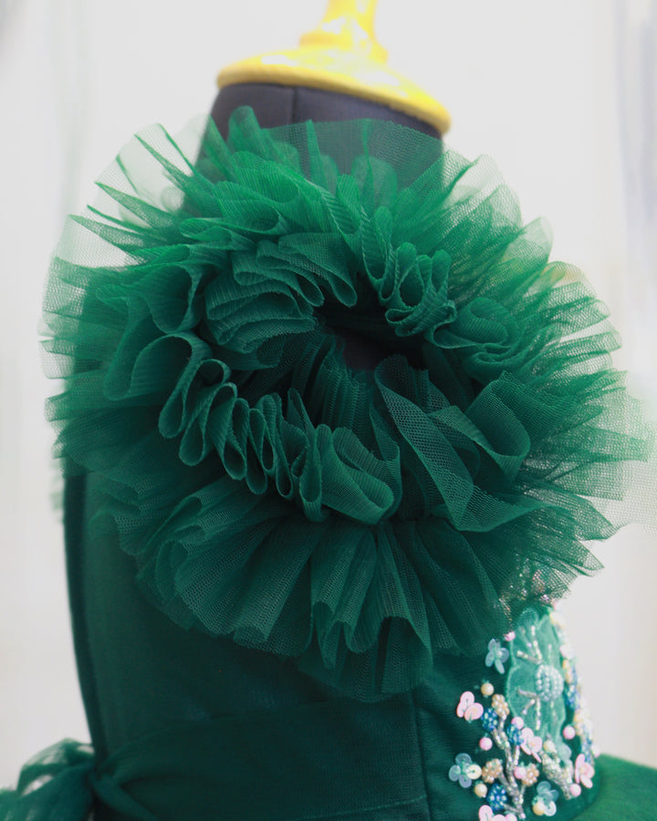 Bottle Green Handcrafted Gown – Heavy Work Partywear Birthday Dress for Baby Girls by Stanwells Kids