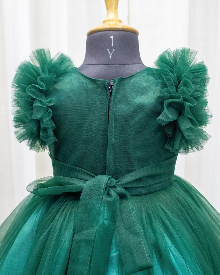 Bottle Green Handcrafted Gown – Heavy Work Partywear Birthday Dress for Baby Girls by Stanwells Kids