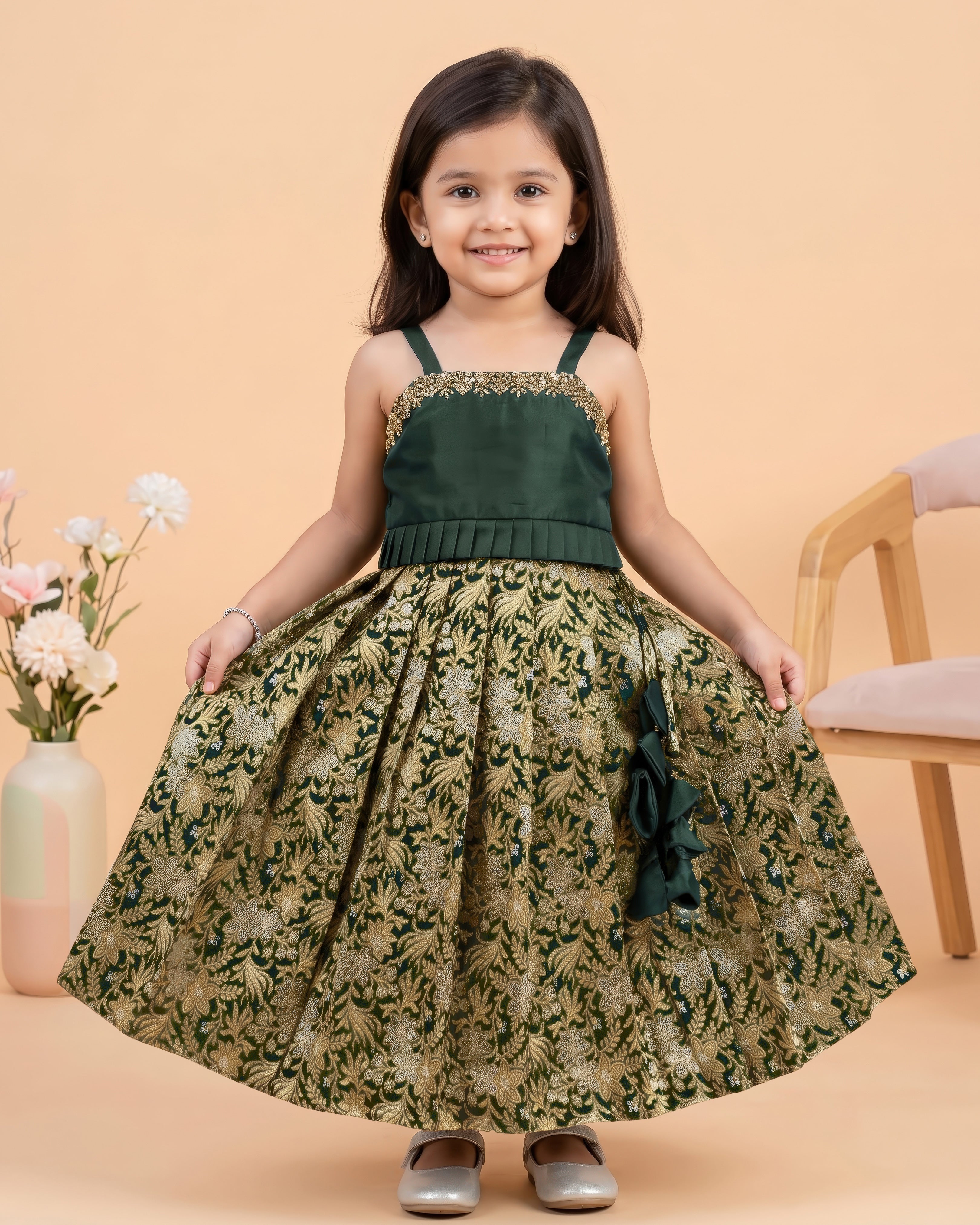 Bottle Green Lehenga Choli for Girls Banarasi Silk Dress – Stanwells Kids