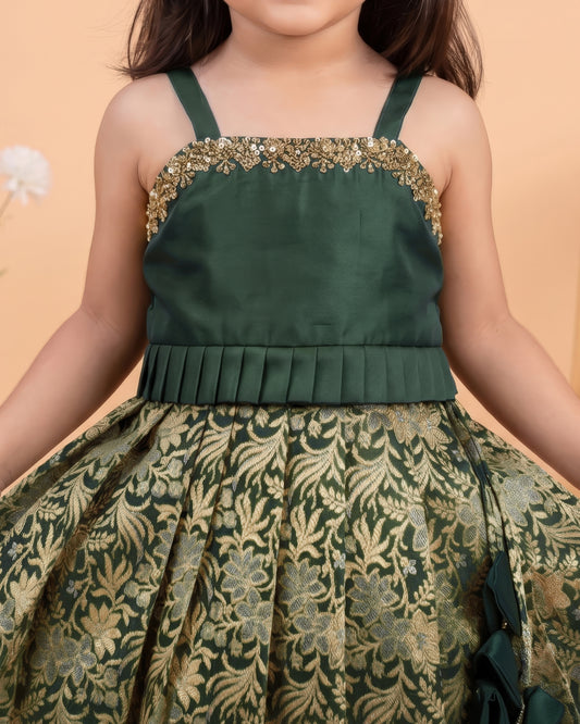 Bottle green banarasi lehenga choli front view – Stanwells Kids