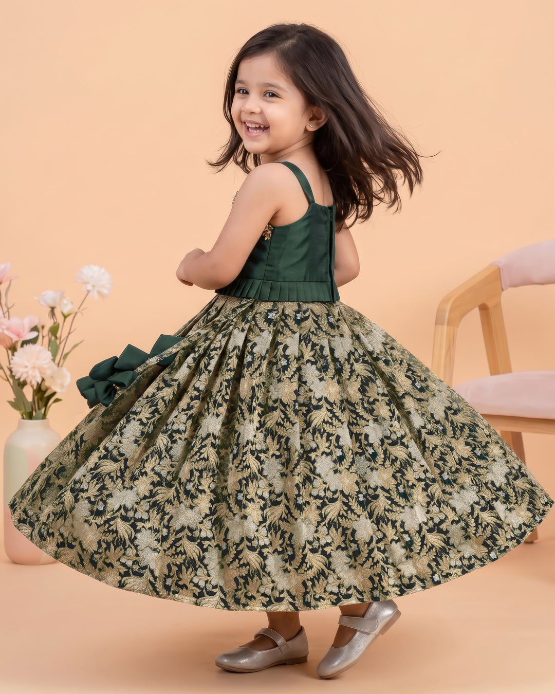 Stanwells Kids bottle green lehenga choli for girls Banarasi silk ethnic dress