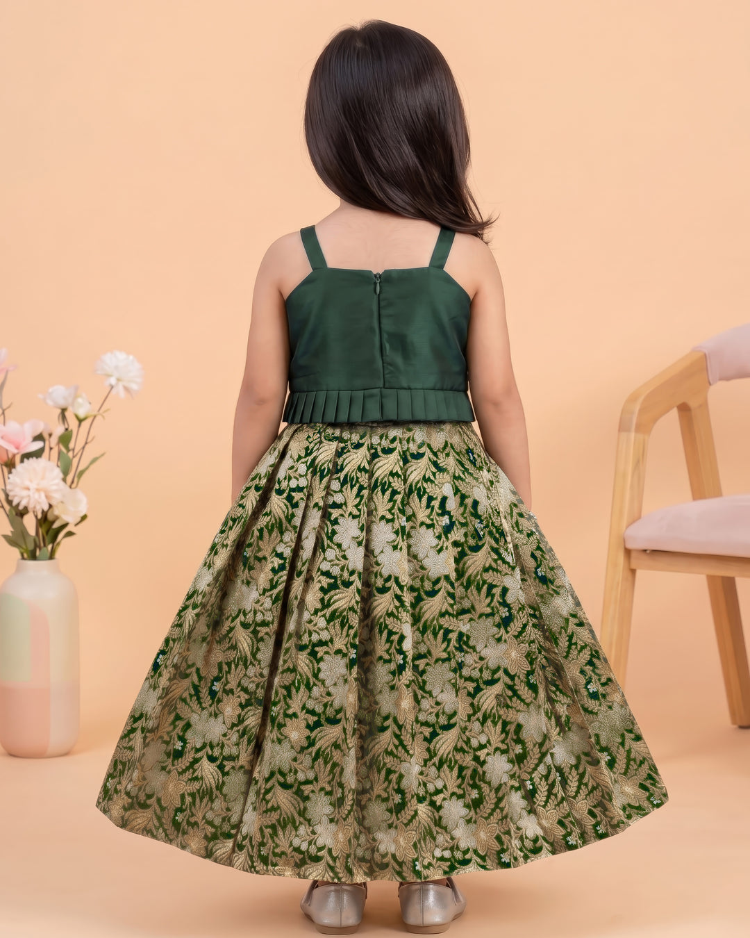 Stanwells Kids bottle green lehenga choli for girls Banarasi silk ethnic dress
