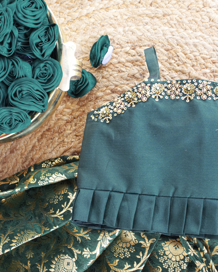 Bottle green lehenga choli for girls, Banarasi silk birthday dress, festive ethnic wear, kids traditional outfit