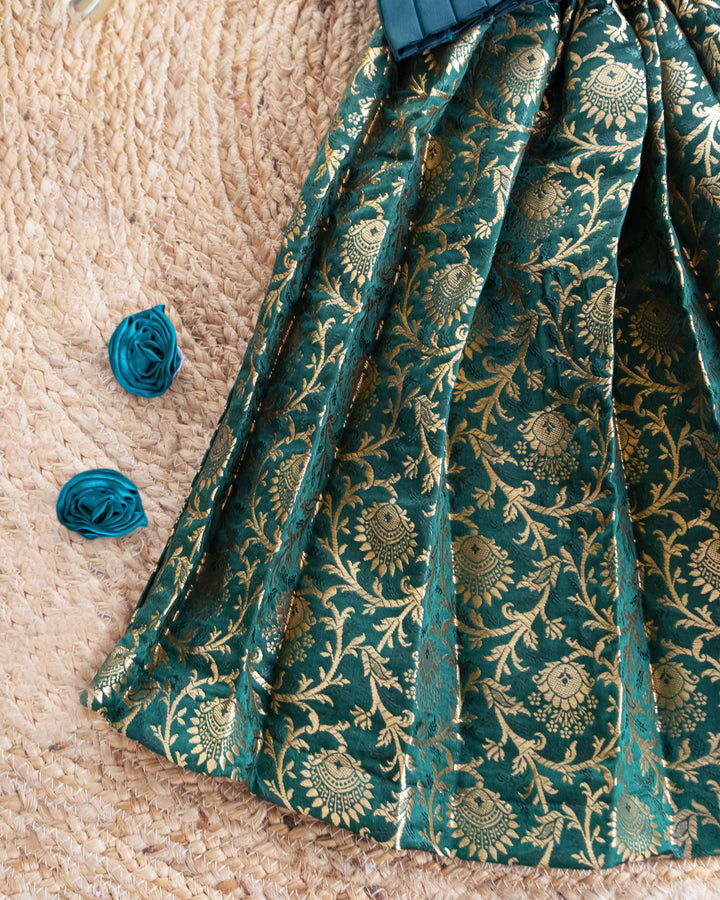 Bottle green lehenga choli for girls, Banarasi silk birthday dress, festive ethnic wear, kids traditional outfit