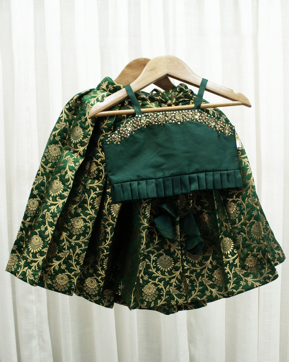 Bottle green lehenga choli for girls, Banarasi silk birthday dress, festive ethnic wear, kids traditional outfit