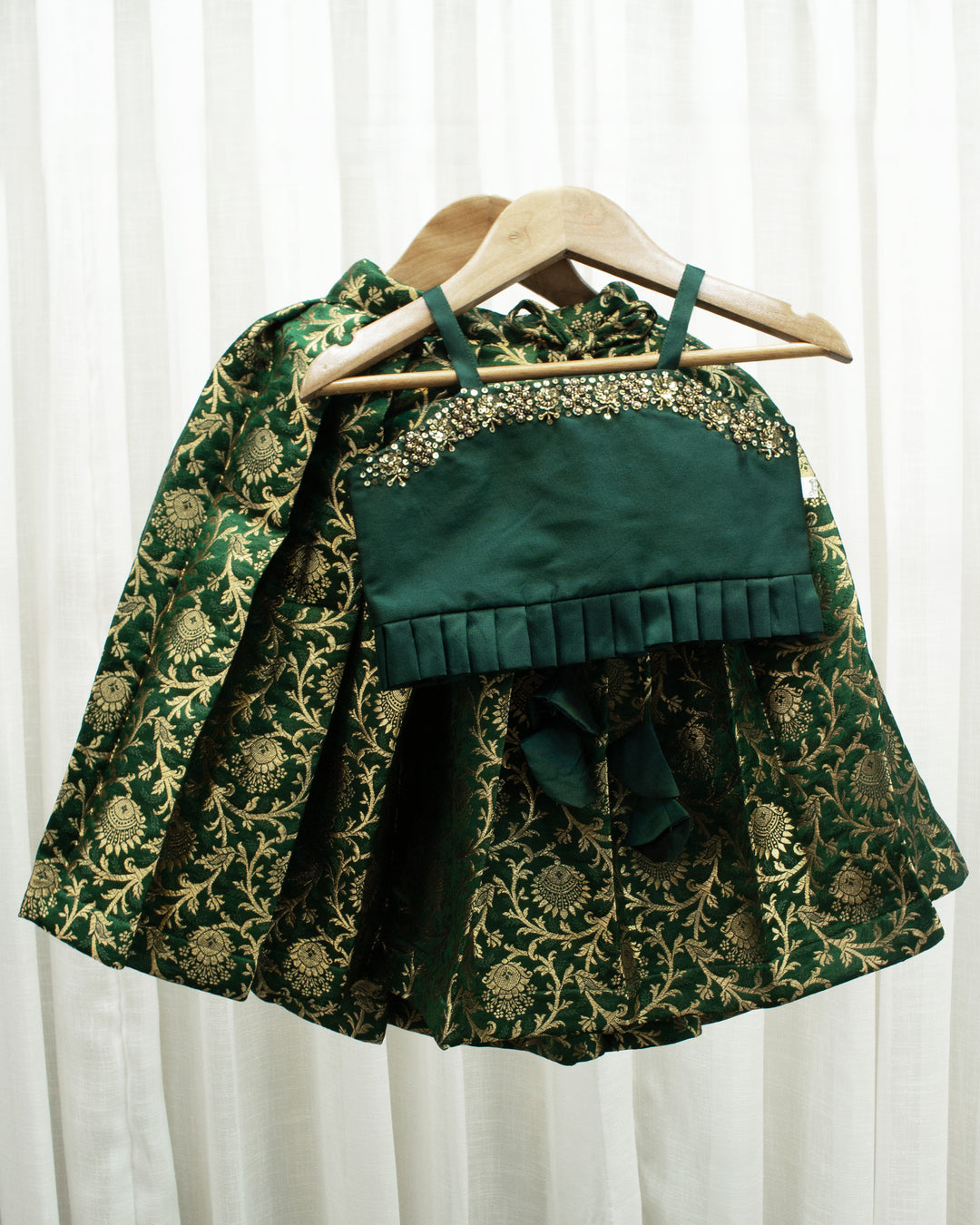 Bottle green lehenga choli for girls, Banarasi silk birthday dress, festive ethnic wear, kids traditional outfit