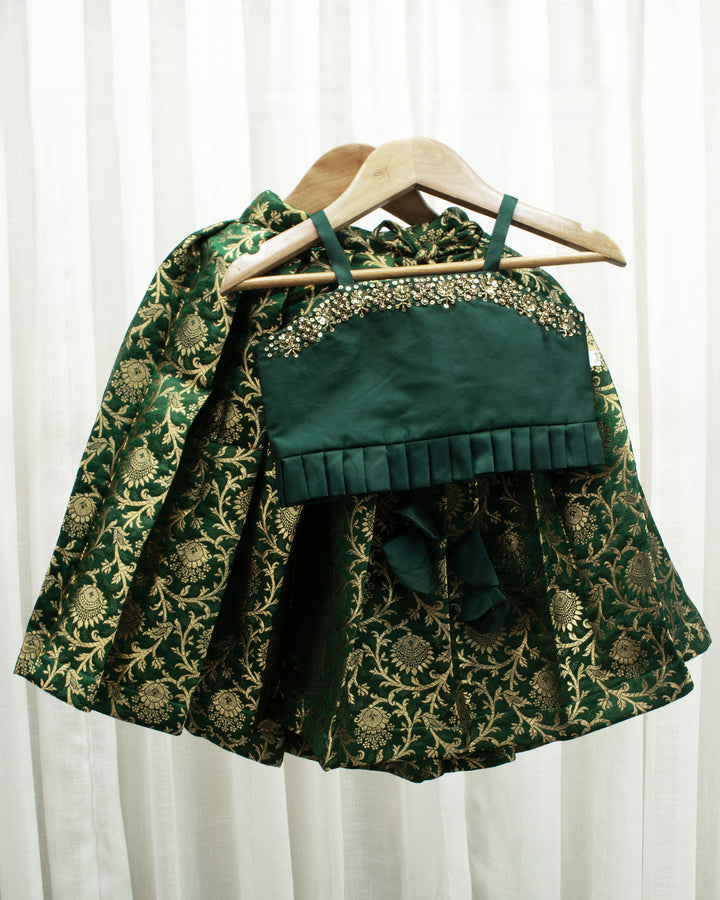 Bottle green lehenga choli for girls, Banarasi silk birthday dress, festive ethnic wear, kids traditional outfit