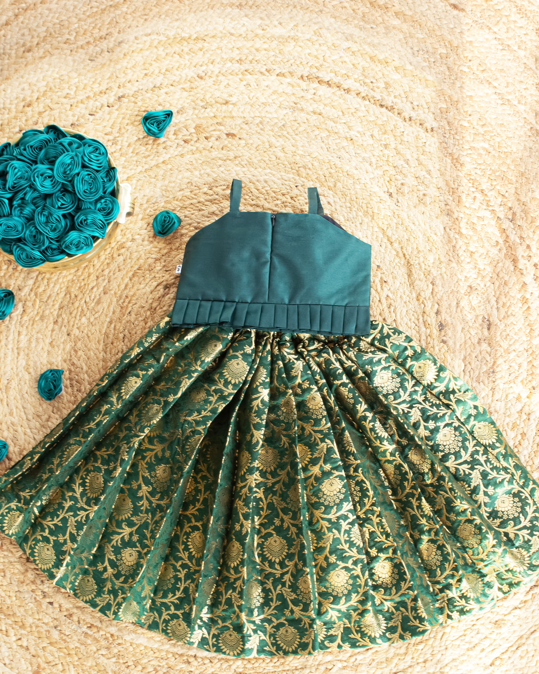 Bottle green lehenga choli for girls, Banarasi silk birthday dress, festive ethnic wear, kids traditional outfit