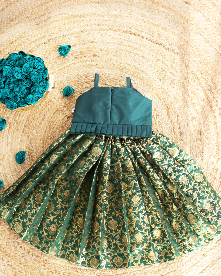 Bottle green lehenga choli for girls, Banarasi silk birthday dress, festive ethnic wear, kids traditional outfit