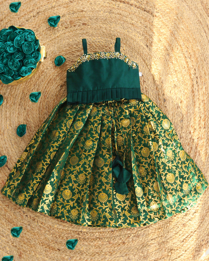 Bottle green lehenga choli for girls, Banarasi silk birthday dress, festive ethnic wear, kids traditional outfit