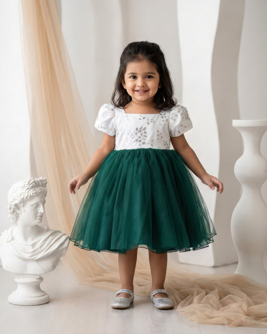 Bottle green white Christmas designer frock for baby girl – Stanwells Kids