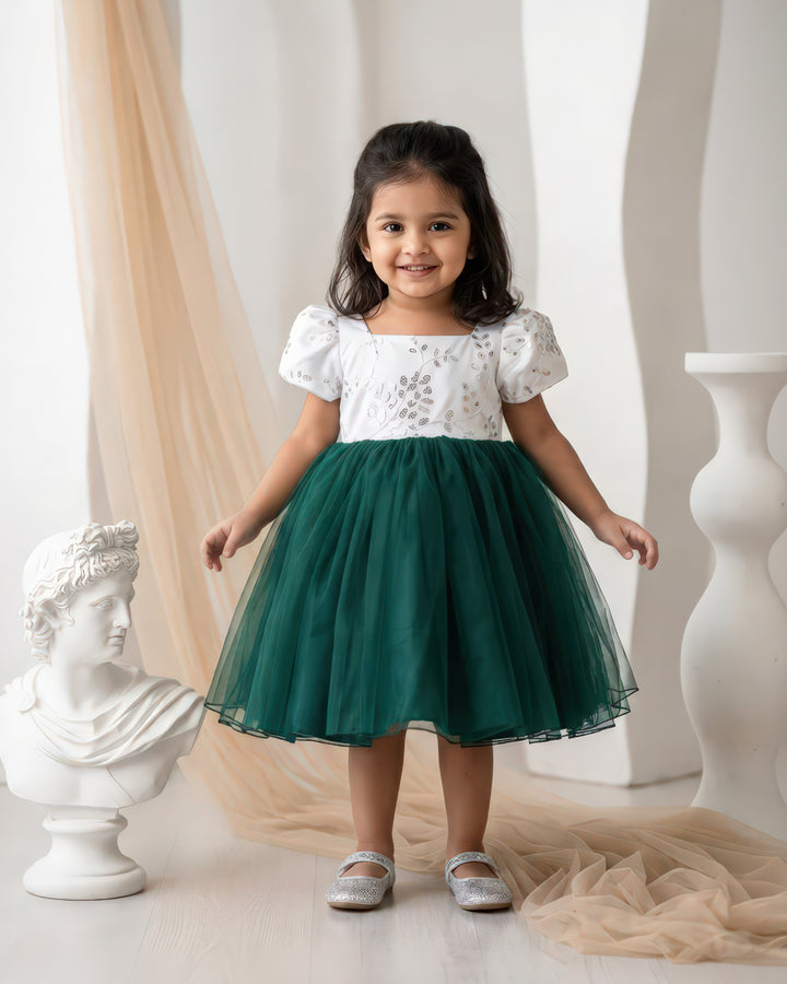 Bottle green white Christmas designer frock for baby girl – Stanwells Kids