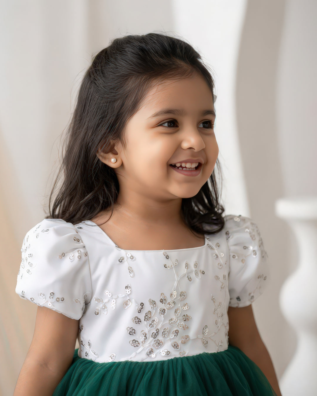 Bottle green white Christmas frock front view – Stanwells Kids