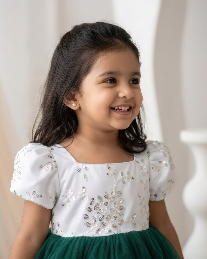 Bottle green white Christmas frock front view – Stanwells Kids